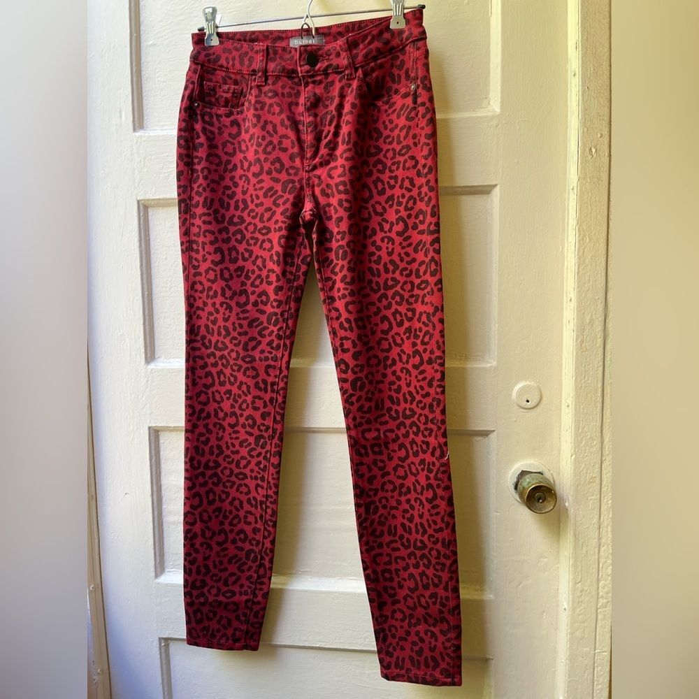 DL1961 Florence Ankle mid rise leopard print skinny jeans Sz 25 red Instasculpt
